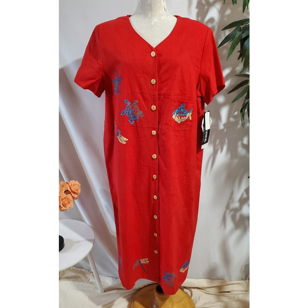 Vtg Sag Harbor NWT Linen Button Midi Dress Sz 16 WP Deadstock Red Animal Nature